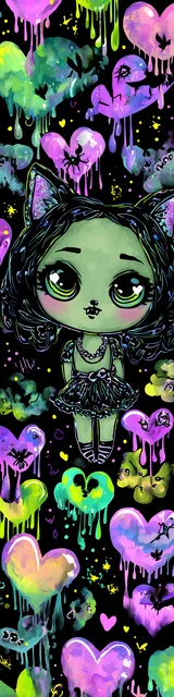 Free kawaii cats bookmark featuring a Halloween slime cat wearing a black skirt